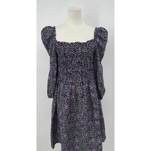 Maje Rappa Black Floral Dot Smocked Dress Linen Puff Sleeve Mini 40 L NWT